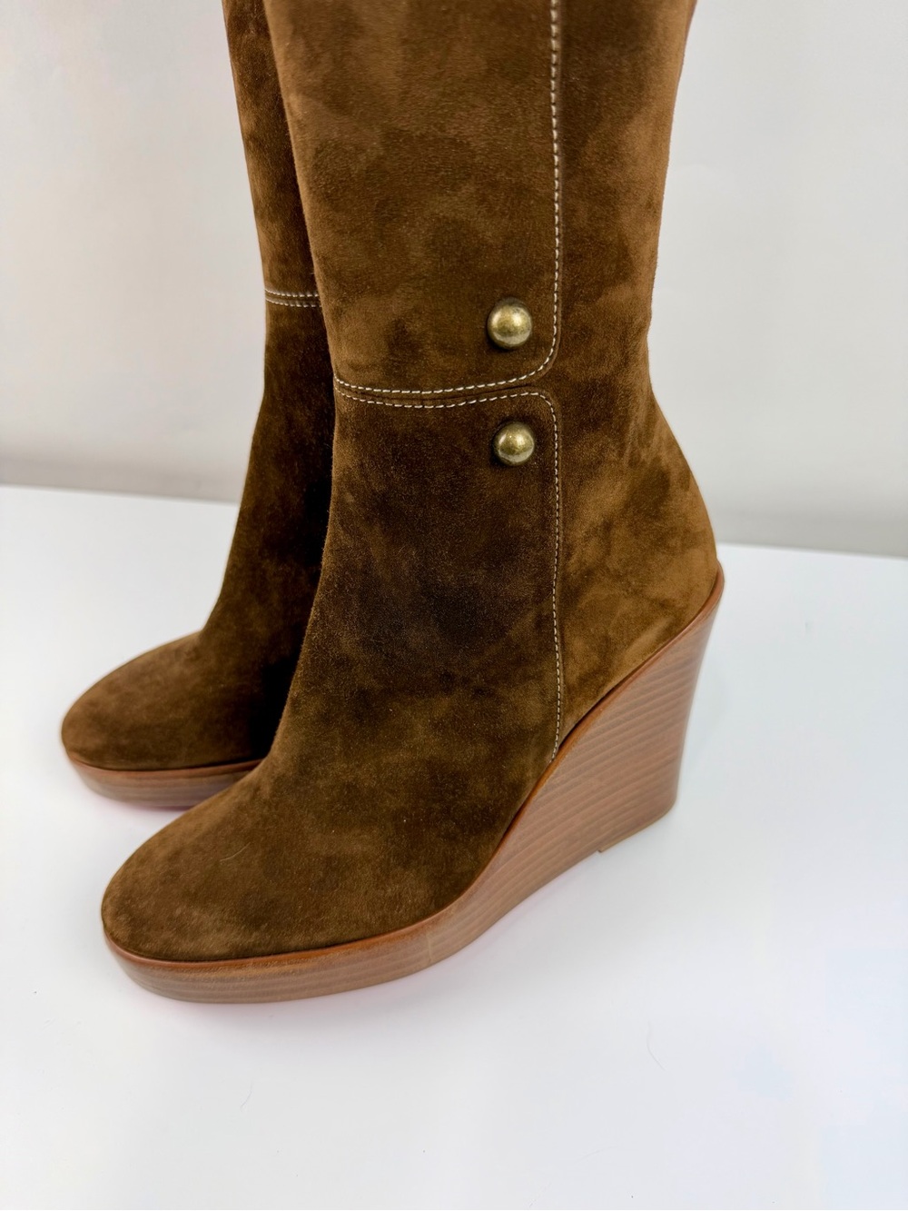 Christian Louboutin Chestnut Suede Knee Boots with Gold Button Detail - Picture 8 of 14